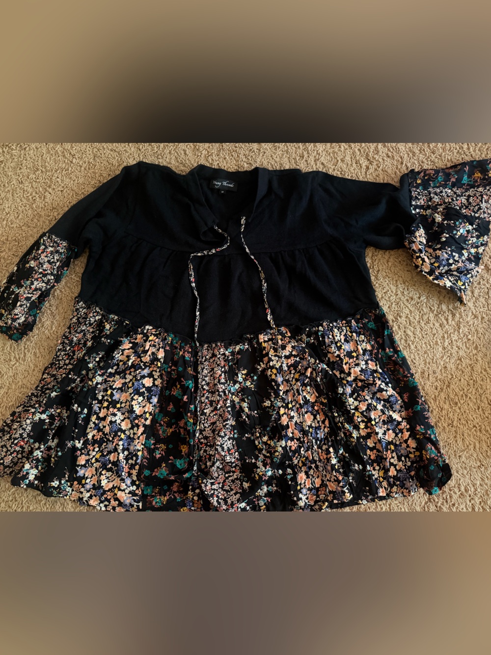 Women’s Black Floral Tie-Front Peasant Top